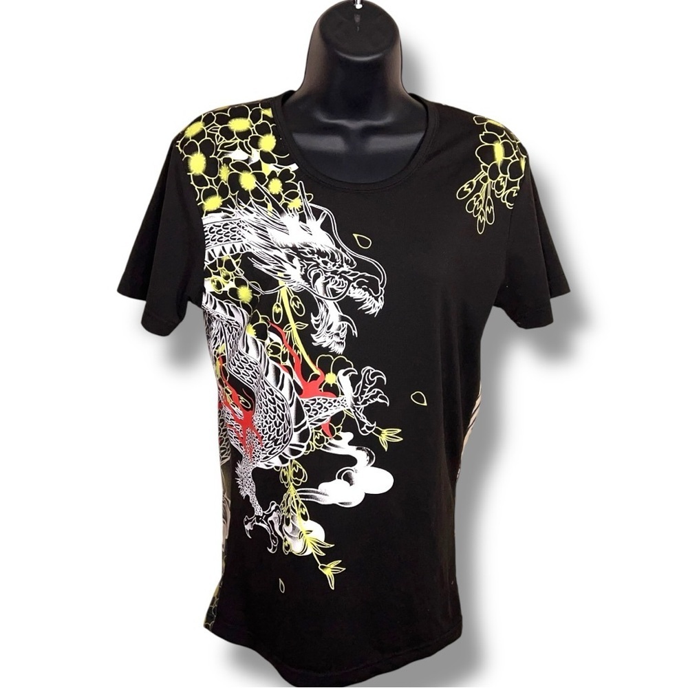 Juniors Large Fitted Asian Tee Black Floral Dragon Graphic Red Yellow Colorful